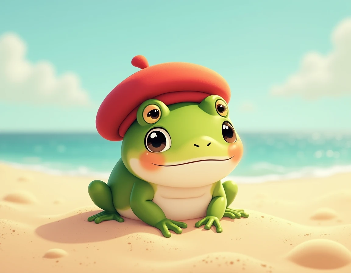  a cute vector of a small frog with a cute and cute ( the frog has a mini red beret ) small size,  the frog is stuck in the sand on a beach , half of his body is in the sand ., illustration digital,, zooming in to perfection ,  text, soft and sharp focus, ...