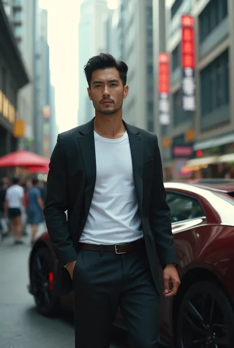 A handsome Asian man wearing a white color t-shirt blazer gets out of a lamborghini car in a downtown Cinematographic 8KUHD hyper realist ultra 4HDNatural 