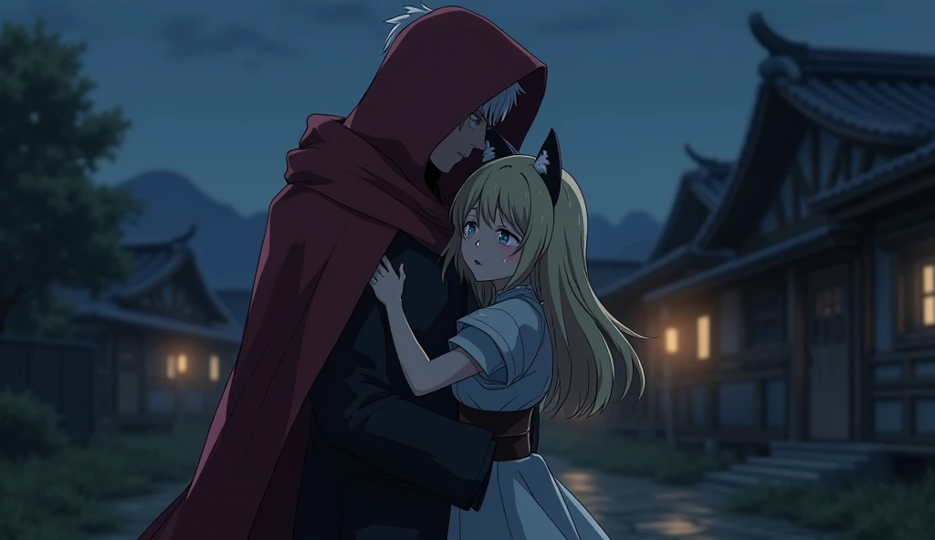 1man, white hair, red hood, light armor, no face visible, 1catgirl, blond hair, hugging, girl is crying, closed eyes, village on background, night, dark, dramatic scene, anime style