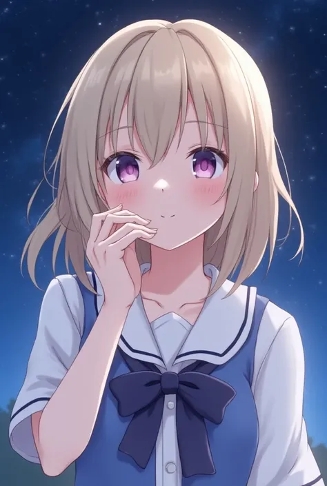 Light blond haired anime-style girl with violet eyes blowing a penis under the starry sky