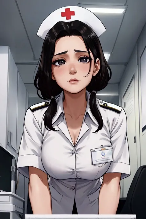  photograph of a nurse with dark hair and black eyes with a pretty face and a hard expression and shows on her face that she is sick .  in a wrinkled and unkempt white uniform , in an office treating a patient 