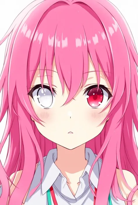 Line Drawing Bright Pink Hair Anime,  white left eye ,  red right eye  ,Sharp eyes ,Long hair