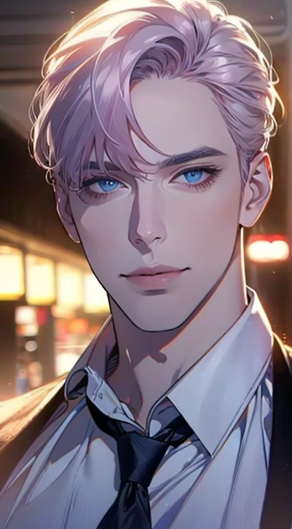 (Highest quality,4K,8K,High resolution,masterpiece:1.2),Super detailed,(Realistic,photoRealistic,photo-Realistic:1.37),1 personld,Mature Men,Beautiful skin、very handsome,Expressionless,smile,Short gray pink hair,blue eyes,Sharp Eyes,A perfect face without ...