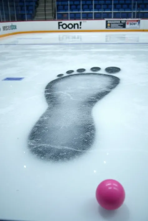 Create a visual of a giant “mammoth footprint” on the ice rink the size of a football field. Put a small pink bandy ball next to it. 