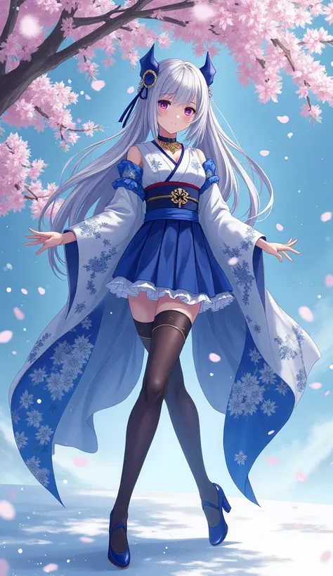 Anime only blue skin lady oin demon Slayer in elegant sexy outfits Demon Slayer two piece kimono and mini skirt with long socks and kimono high heels background of blue snow cherry blossomsSilver Hair, Low Twin Braids, 