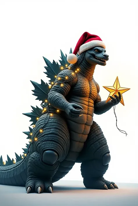  Godzilla with Christmas hat , star in her hand ,  Christmas lights on her body and white background