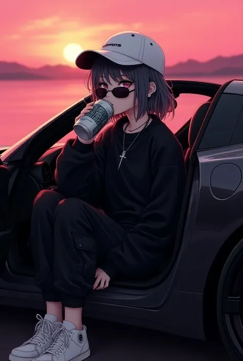 demon girl, short black and light gray hair , white cap,  dark sunglasses silver cross necklace ,black sweatshirt,  black cargo pants , white tennis shoes,  on a pink afternoon drinking an energizer in a tin can sitting in a black Chevrolet corvette car ,S...