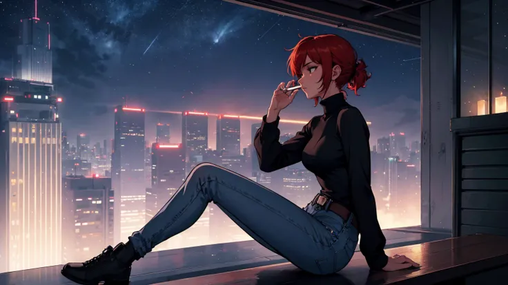 "A young woman with short, red hair sits on the edge of a rooftop at night, gazing out over a quiet cityscape illuminated by distant city lights. She is wearing a white turtleneck and jeans, with her legs casually folded beneath her as she holds a cigarett...