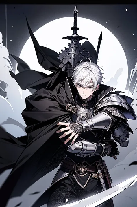 anime,masterpiece, best quality, highly detailed, (furious), 1 boy, armor, black and white hair, cape, full moon, Male Focus, virile, moon, scar, Alone, with two swords one white and black, black eyes , black cover