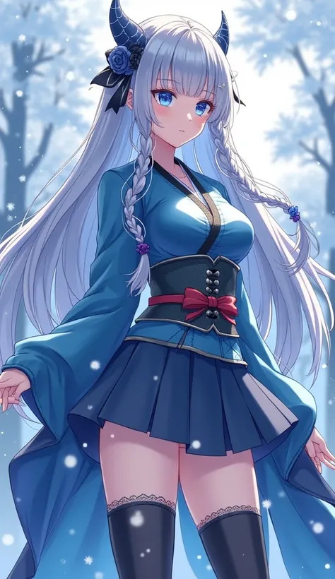 Anime only blue skin lady oin demon Slayer in elegant sexy outfits Demon Slayer two piece kimono and mini skirt with long socks and knee high boots background of blue snow cherry blossomsSilver Hair, Low Twin Braids, 