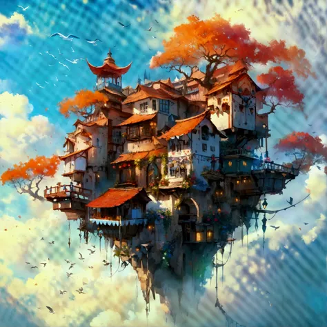 color ( fantasy: 1.2), ( Traditional Chinese Style ), ( Irregular red buildings are floating above the clouds ), Patchwork Cottage, Floral decoration, Light,  Concept art inspired by Andreas Rocha, a robot that does,   Art Station Contest Winner  ,  fantas...