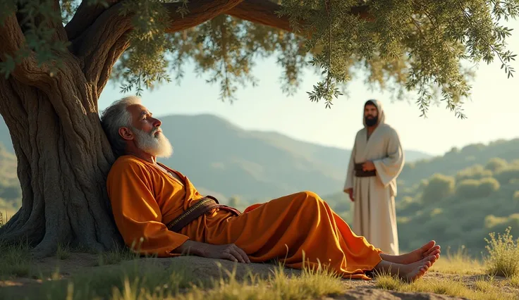 Generate an image from the biblical era  ) In the background of the image you can see an old man in an orange robe lying under the shade of an olive tree first person a man in a white robe watching the elderly man hiding behind a tree  