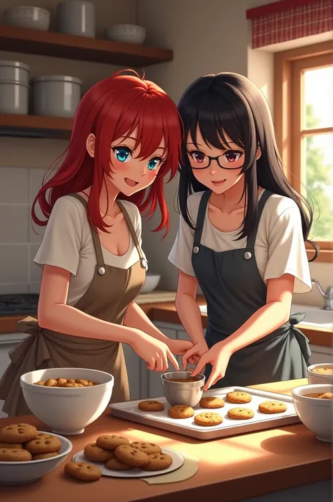 Young red-haired woman with blue eyes making cookies with a young woman with black hair and brown eyes 