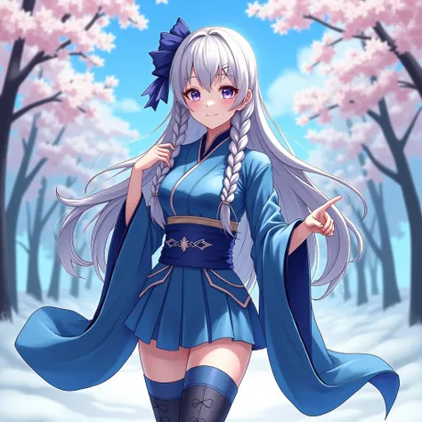 Anime only blue skin lady oin demon Slayer in elegant sexy outfits Demon Slayer two piece kimono and mini skirt with long socks and knee high boots background of blue snow cherry blossomsSilver Hair, Low Twin Braids, 