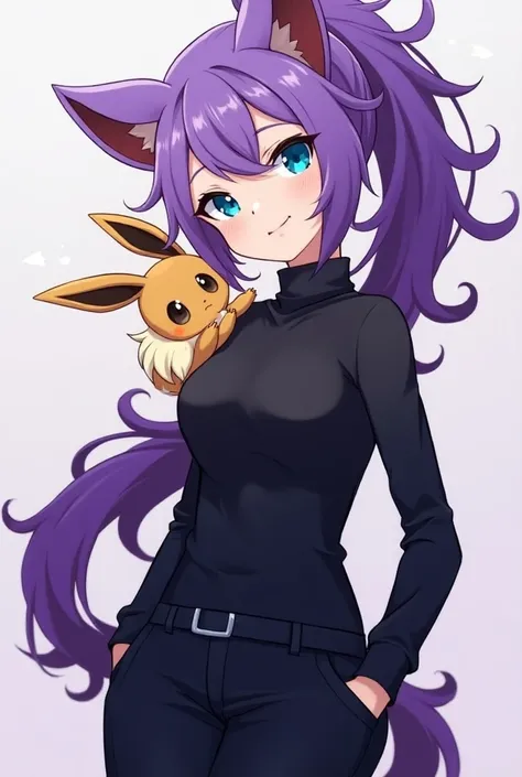 With purple hair ponytail . Orejas de gato camisa negra ojos azules ♀️ Personaje de gacha Con manga larga Con pantalones . AND 
Eevee Pokémon on your shoulder