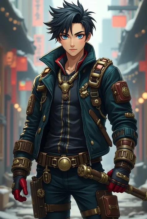 a 20 years old man with black hair, blue eyes, armed steam punk cloth, the graphical style is look like genshin impact, full body