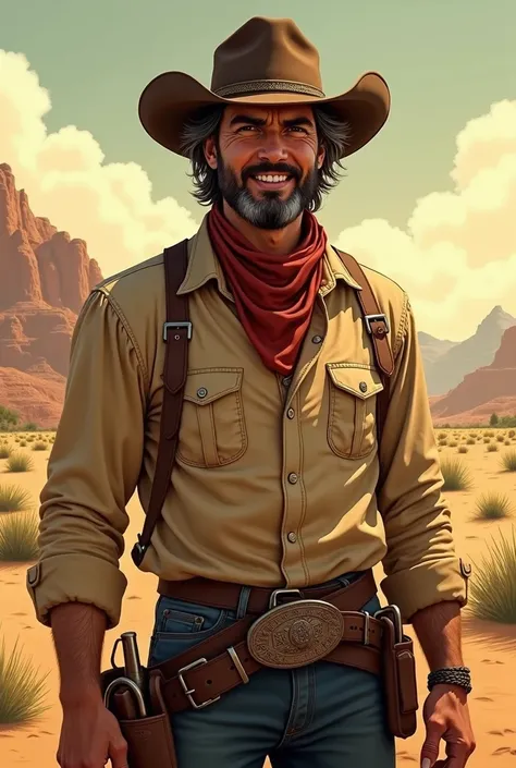  Detailed portrait of a character similar to Arthur Morgan ,  and sturdy appearance ,  inspired by the American Wild West .  The character wears worn cowboy clothes ,  including a rustic fabric shirt ,  neckerchief and a belt with a cowboy hat holster .  A...