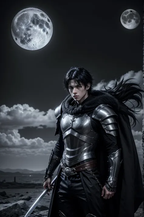 anime,masterpiece, best quality, highly detailed, (furious), 1 boy, armor, black and white hair, cape, full moon, Male Focus, virile, moon, scar, Alone, with two swords one white and black, black eyes , black cover