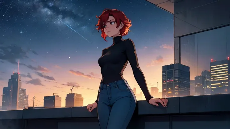 "A young woman with short, red hair sits on the edge of a rooftop at night, gazing out over a quiet cityscape illuminated by distant city lights. She is wearing a white turtleneck and jeans, with her legs casually folded beneath her as she holds a cigarett...