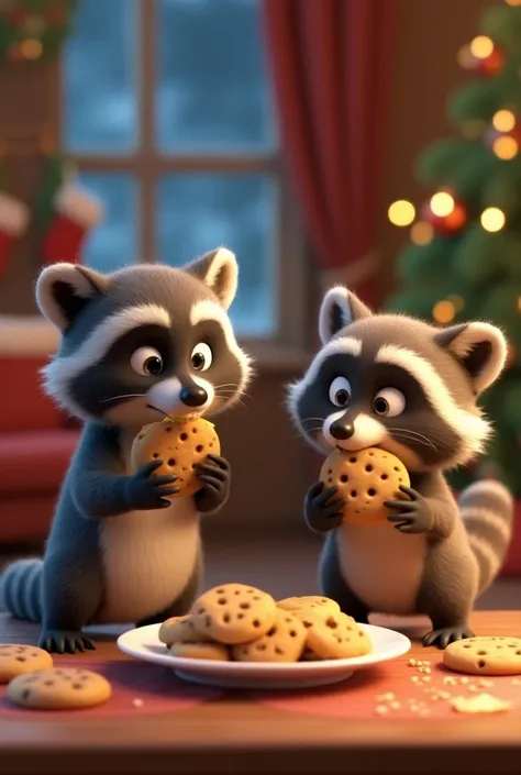  3D cartoon, Two mischievous raccoons, sneaking cookies from a plate left out for Santa. One raccoon holds a cookie with a bite taken out, while the other eagerly reaches for more.