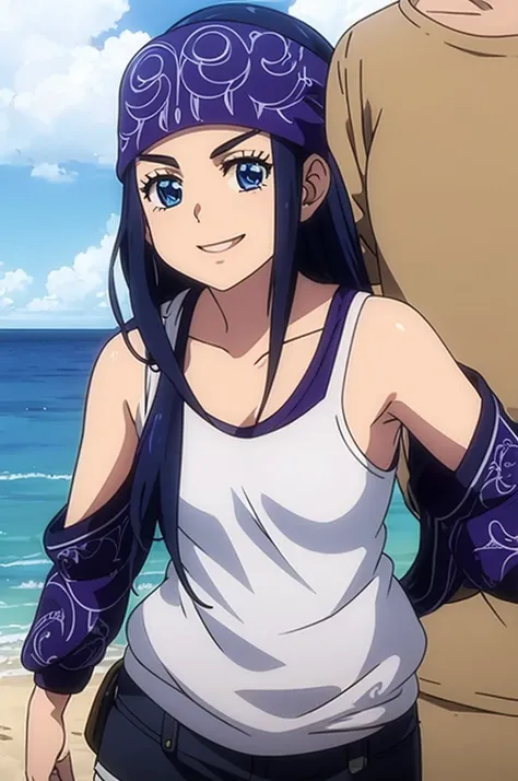 asirpa, blue hair, black hair, blue eyes, bandana headband, Black tank top, white shorts, beach, outdoors, day, sky, smile, collarbone,