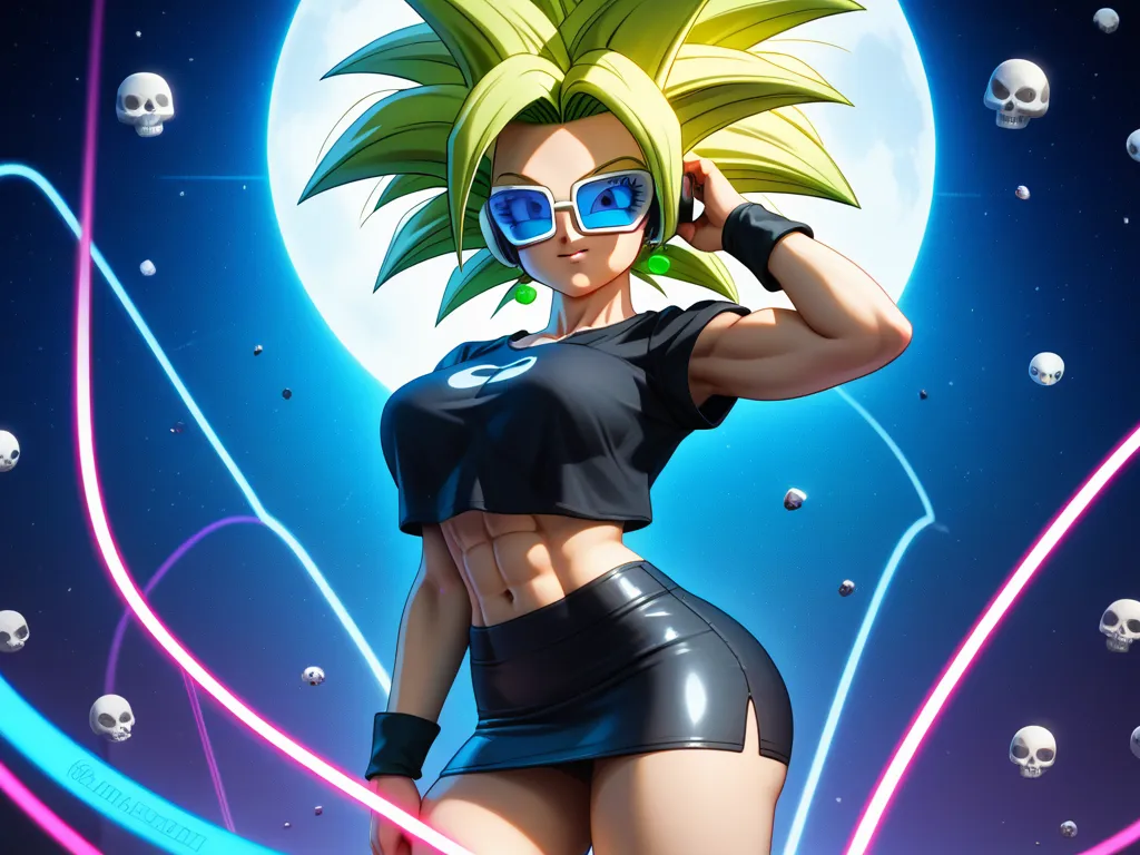  The model wears crystal sunglasses with stars and the moon in the ((Black line work )),  detailed line work , Slim abs, (( masterpiece )), ((Golden ratio)), ((dynamic)), ((natural)) (( The best quality)), ((ultra-detailed)), (( kefla dragon ball super )),...