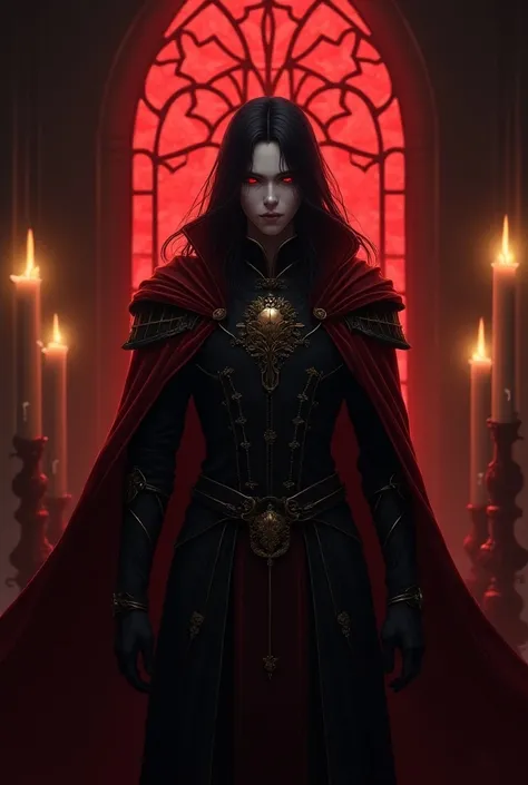 Image is a digital illustration featuring a gothic fantasy theme. The layout is vertical, focusing on a central figure with a dramatic and dark atmosphere. The subject is a male character with long, flowing black hair and pale skin, exuding an intense and ...