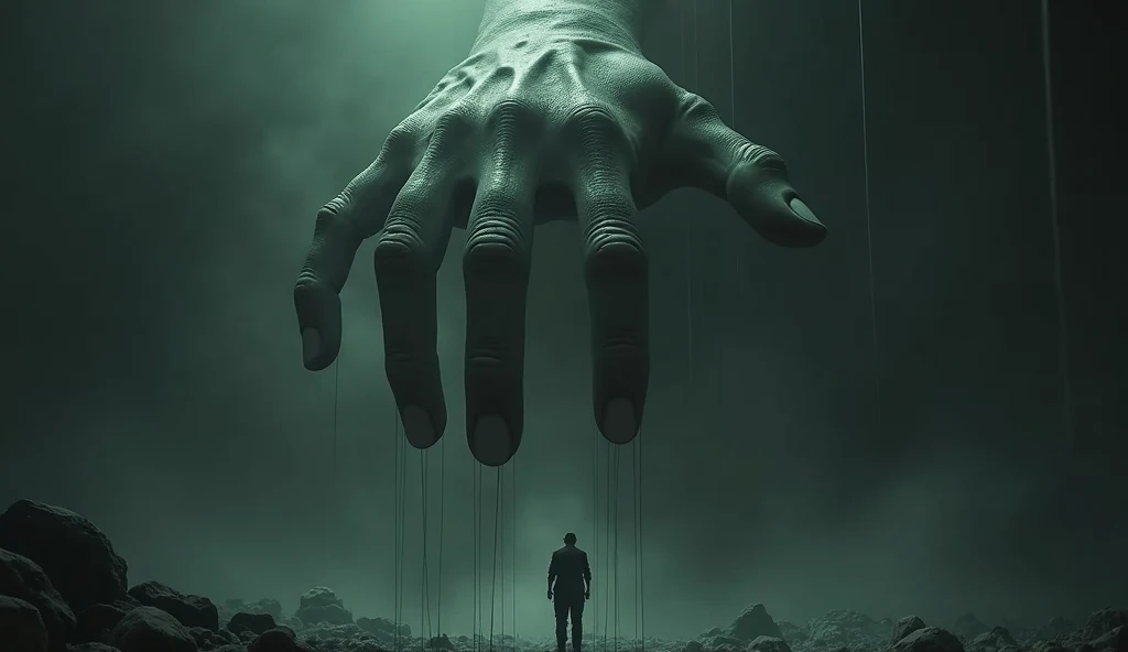 Dark background, Above, a large hand, palm facing down, fingers facing the screen, with a string coming out of each finger, going downwards, dramatic image