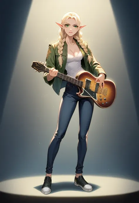 1girl,elf,blonde hair,long hair,braid,twin braids, pointy ears, green eyes play a guitar, (black jeans and jacket, shoes, scream like a rockstar on stage), medium breast, hourglass figure, intricate detail, (highly detailed, fine details), cleavage, lookin...