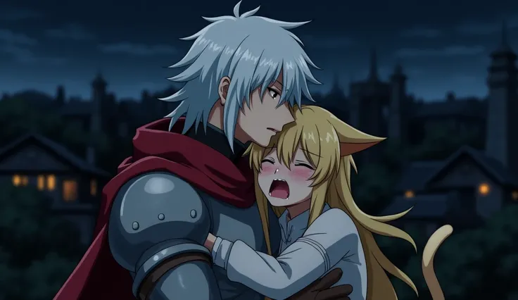 1man, white hair, red hood, light armor, 1catgirl, blond hair, hugging, girl is crying with open mouth, dark village on background, night, dark, no light, dramatic scene, anime style