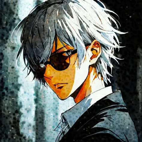 Number 10 (Death Parade), 1 person, Age 35,(Black bristles), Man wearing glasses,  close-up face ,  profile picture ,Dress in a formal and discreet style,  Black Jacket , white shirt , Professional look,Grey-white hair, silver,  tired look,