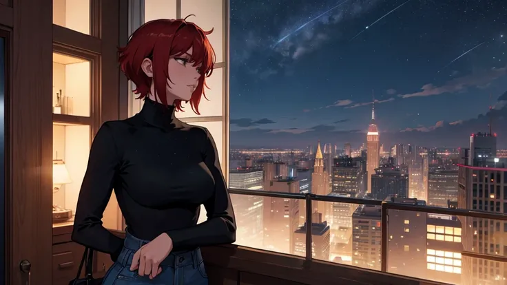 "A young woman with short, red hair sits on the edge of a balcony at night, gazing out over a quiet neighborhood illuminated by distant city lights. She is wearing a white turtleneck and jeans, with one leg casually folded beneath her as she brings a cigar...