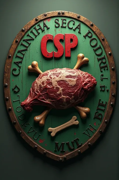 crie uma imagem de um escudo com essas informações:

- Shape : Escudo circular com bordas grossas
- cores principais: Rotten green  (principal)  and dry brown  ( secondary )
 - Elements :
    - In the center,  a stylized illustration of dry and rotten meat...