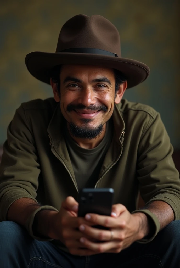  there is a man in a hat sitting with a cell phone, an image inspired by Nathan Oliveira ,  Instagram, realism,  realistic photo ,  Freddy Mamani Silvestre facade , Ivan Boliviano, insane eyes, big eyes and menacing smile, filmed with gopro9, , very ugly f...