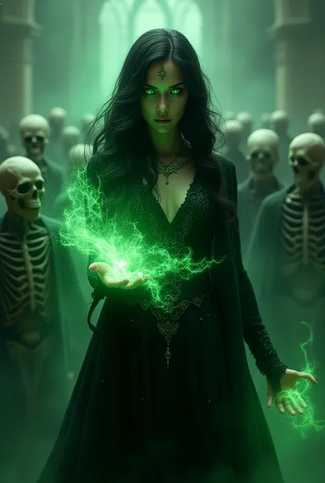  The image shows a powerful sorceress surrounded by skeletal spectra . Her gaze is intense and determined,  with bright green eyes that seem to glow with energy .  His dark hair falls in waves around his face ,  framing an expression of concentration . He ...