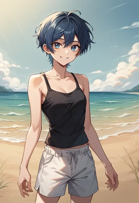 ( Anime style ) ((Best Quality)), 1girl, solo, asirpa, blue hair, black hair, blue eyes, Black tank top, black camisole top, white shorts, beach, outdoors, day, sky, smile, collarbone, standing,  best quality, highres, 4k, 8k, RAW photo),((innocent look))