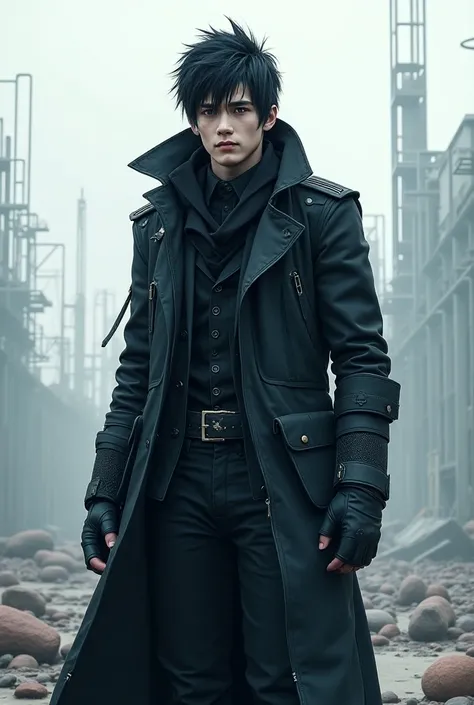 a 20 years old man with black hair, blue eyes, black and apocalyptic cloth, the graphical style is look like 3D line art render, full body