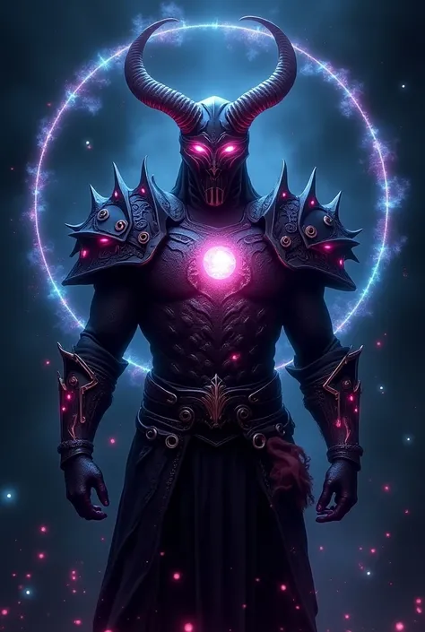   Imagine a mystical and imposing figure standing ,  with an aura of arcane power .  He is dressed in intricately decorated black armor ,  with luminous details in shades of pink and blue neon ,  creating an impressive contrast .  The figure has curved and...