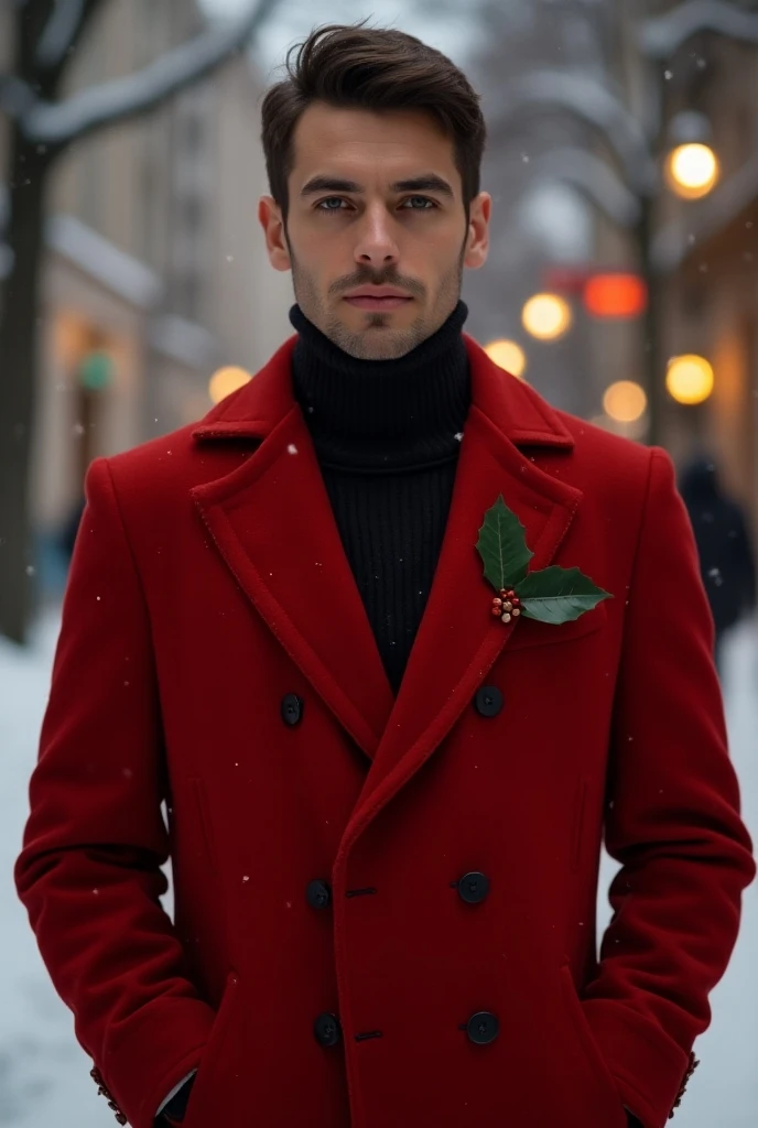 man,  handsome Spanish , Russian Polish , arabe, libanes,  l short hair , beautiful, ,  High collar shirt and elegant long red coat in great fashion with Christmas holly on the lapel, , cold weather,  looking at the camera , Photorealistic masterpiece in C...