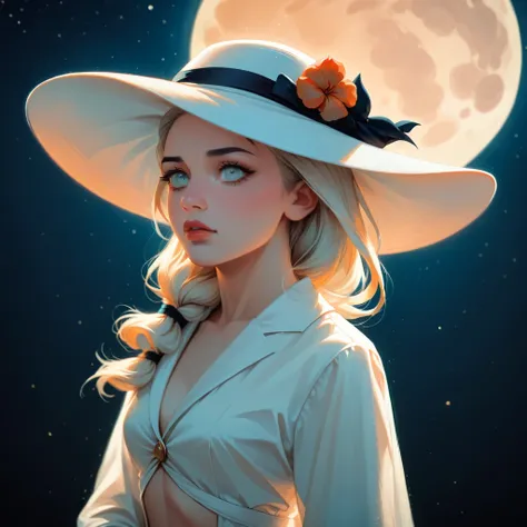 masterpiece, highest quality, solo focus, (perfect face:1.1), (high detail:1.1),dramatic, 1Beautiful shapely woman , (pale skin), long voluminous braided white hair, white eyes, solo, long hair, moon, night, white luxury suit, white fedora hat, covered nav...