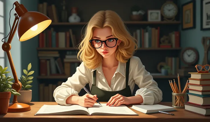 A blonde-haired female writer wearing horn-rimmed glasses does her homework on her desk, painting style