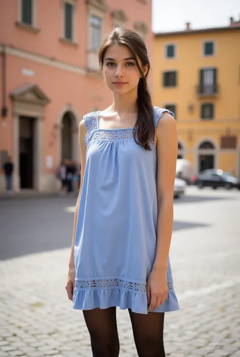  Realistic photo of a beautiful 23-year-old brunette woman. She is wearing knee-length light blue cotton dress with lace sleeves,  black pantyhose ,  ponytail .  brown eyes. beautiful figure. The young woman is standing in a square in Rome . nice weather