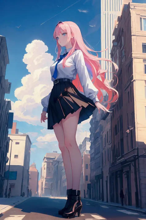 an anime artwork of a young lady standing on a tall city building, 1girl, solo, giantess, black skirt, sky, giant, cloud, day, full body, blue sky, city