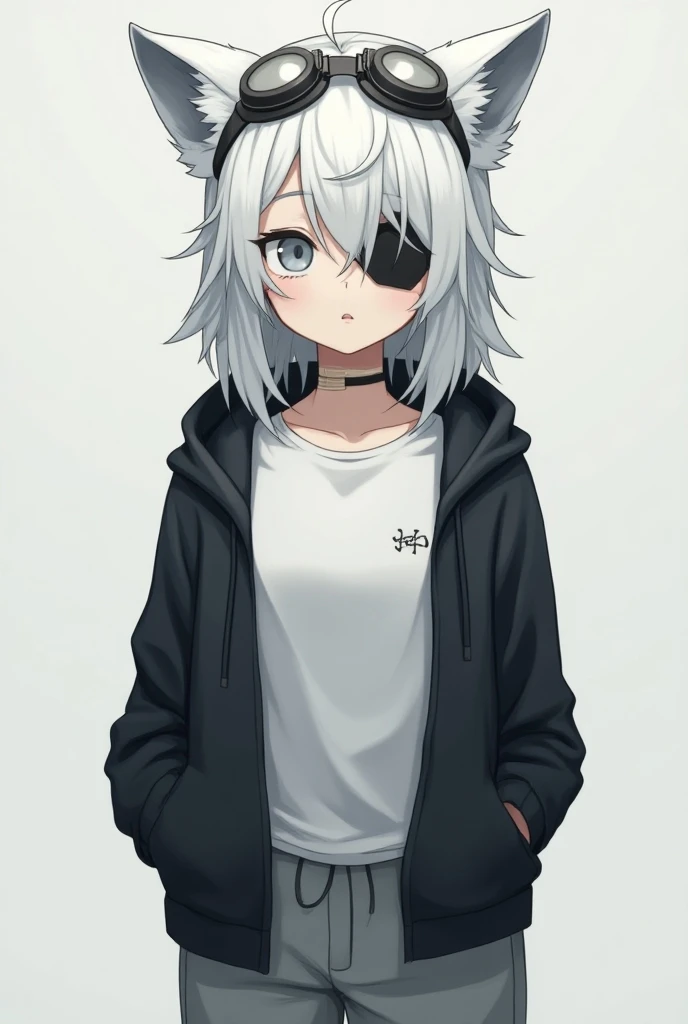 white mid messy hair anime girl,grey eye, white t-shirt, black hoodie, fox years, bandage eyepatch, sweatpants, white hair, goggles, emotionless, cap