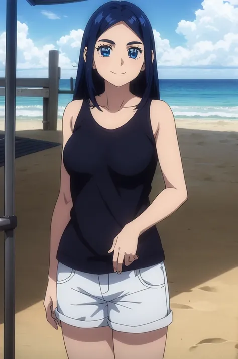 ( Anime style ) ((Best Quality)), 1girl, solo, asirpa, blue hair, black hair, blue eyes, Black tank top, black camisole top, white jeans shorts, beach, outdoors, day, sky, smile, collarbone, standing, best quality, highres, 4k, 8k, RAW photo),((innocent lo...