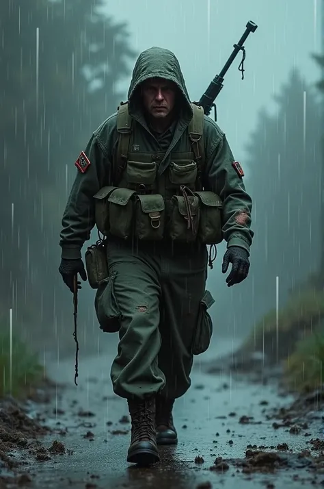 soldier injured and exhausted in the rain