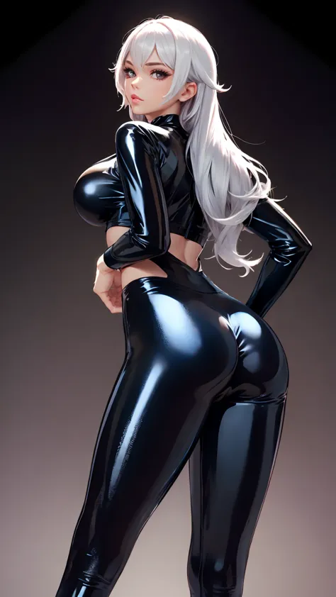 white hair,bodysuit mesh, leggings latex, sexy posing, perfect ass, perfect breast, without bra