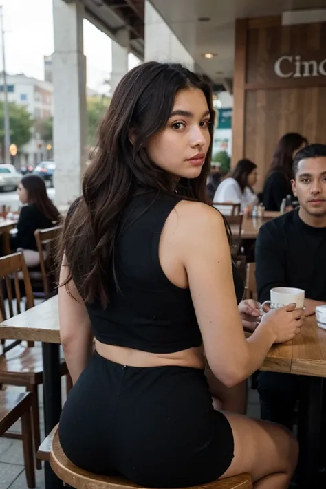  dark-skinned woman  , wearing elegant black clothes , sitting at a restaurant table with typical Dominican food, long hair,black and wavy, of the back of a restaurant where there are several other people , with a cup in her hand looking intently at the ca...