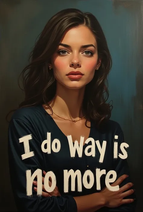 a painting depicting a woman with her shoulders up,  with a decisive and firm expression . In the background,  uses dark colors to represent the challenges she has faced, But that now they are behind her . In front of, The words "no more" in large, clear l...