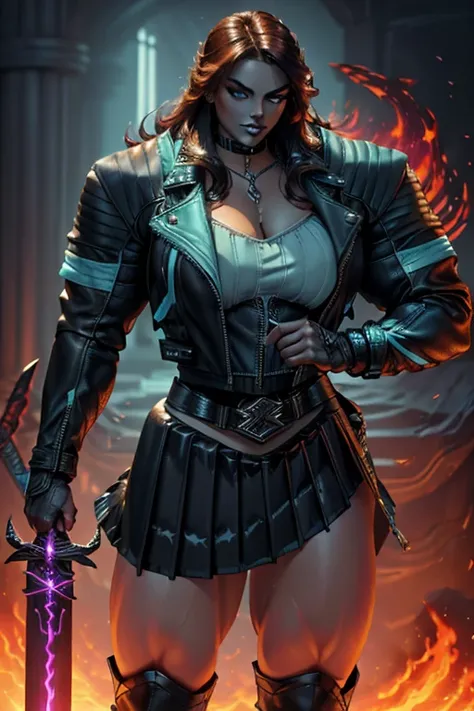 ((Close-up)), tall, ((cyan hair)) beautiful muscular woman, long hair, white brown skinned, closed smile, (black lipstick), (massive muscles), (hyper muscle), ((ginormous bulky muscles)), glowing purple eyes, ((((leather jacket and long pleated skirt)))), ...